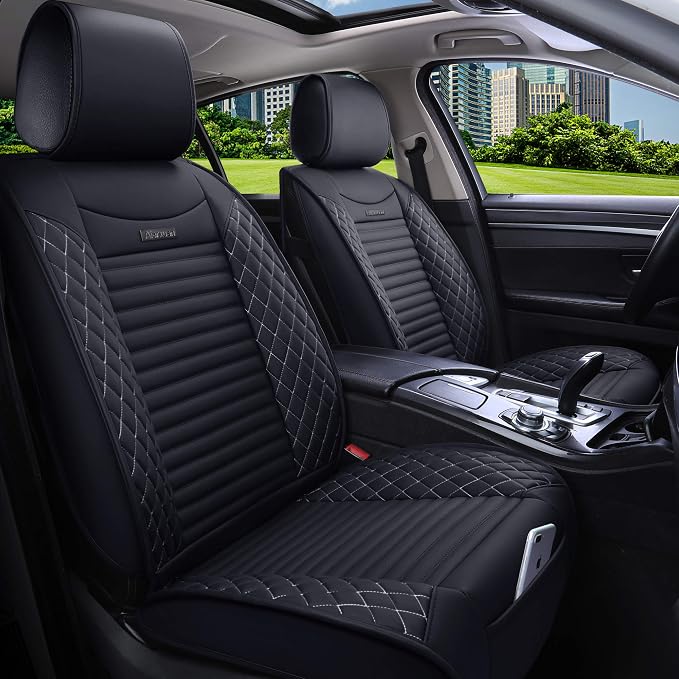 Aierxuan 2 Pcs Front Captain Seat Covers for Cars Waterproof Leather Cushion Universal Fit for Cx5 Renegade Highlander Toyota Corolla 4Runner Nissan Altima Rogue (2 Pcs Front/Black-White)