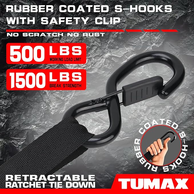 4-Pack Retractable Ratchet Tie Down Straps, 1" x 10ft with Soft Loops & S-Hooks, 1500lbs Break Strength Self-Retracting Cargo Straps for Truck, Trailer, Motorcycle, ATV, Kayak (Black)