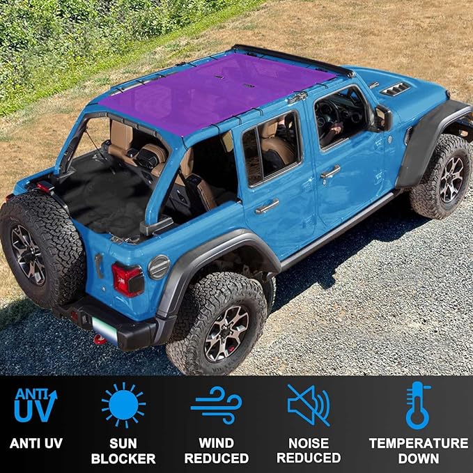 JL Top Sun Shade Roof Compatible with Jeep Wrangler 2 or 4 Door 2018 to 2023 Sunshade Sunroof Cover Blocks UV Wind Noise Purple Mesh for Full Length