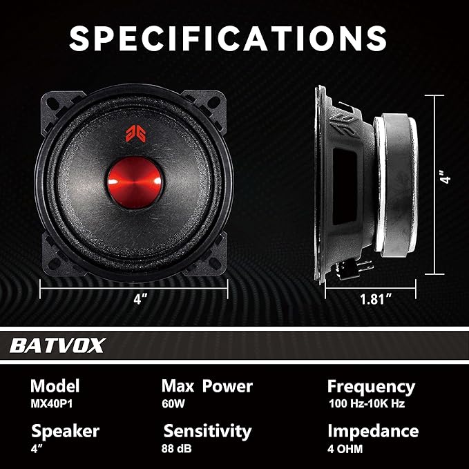 MX40P1 Midrange Loudspeaker 4" Red Dust Cap, 120W Max, 4 Ohms, Premium Quality Audio Door Speakers for Car or Truck Stereo Sound System, Black (2 Speaker)