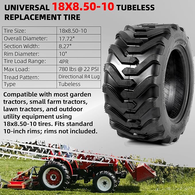 AR-PRO (2-Pack) 18x8.50-10 Garden Tractor Tubeless Tire, Heavy Duty 4-Ply Farm & Lawn Tractor Tire, 780lbs Capacity