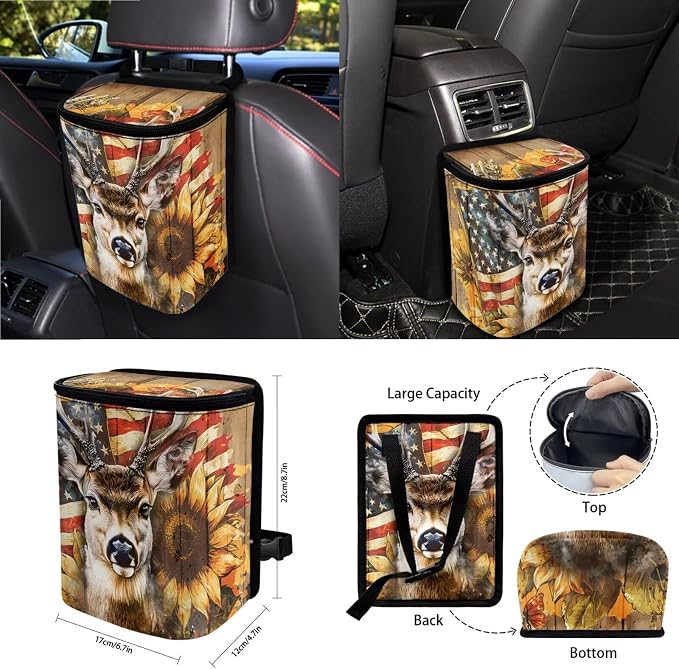 Deer Wood American Flag Print 15PCS Auto Interior Sets Sunflower Butterfly Car Front Rear Seat Covers Steering Wheel Cover Seat Belt Cover Keychain Trash Can Air Vent Storage Bag Mirror Cover