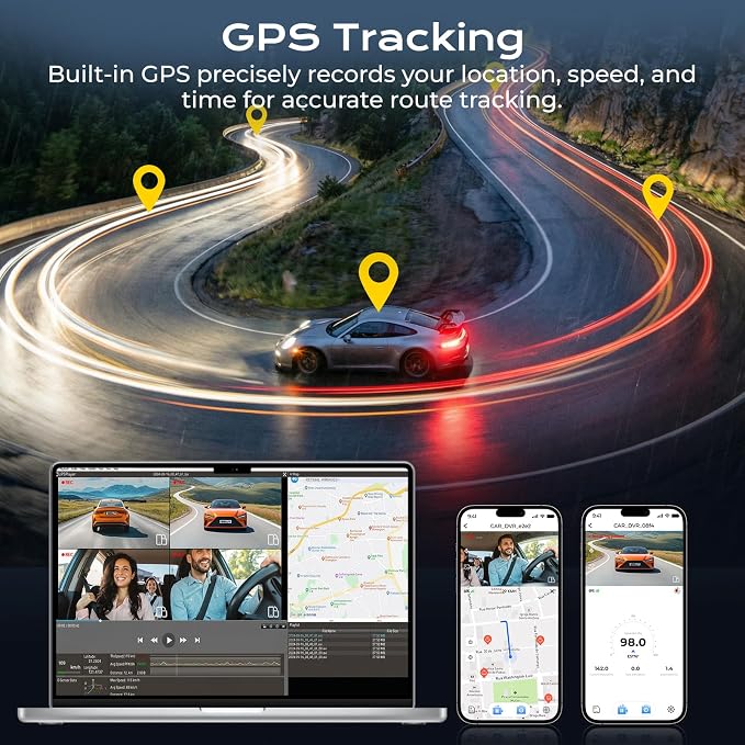 4 Channel Dash Cam, 4K Front Rear and Inside Dash Camera for Cars, 360° View, Free 128GB Card Included, 5GHz WiFi, GPS, APP Control, 24/7 Parking Mode, 8 IR Night Vision Lights, G-Sensor