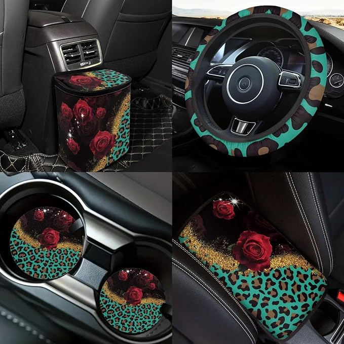 Rose Leopard Print Car Seat Covers Full Set 18 Pcs Universal Car Interior Accessories Set with Leopard Print Car Headrest Covers Seat Belt Pads Cover Funda Para Volante De Carro Universal Fit