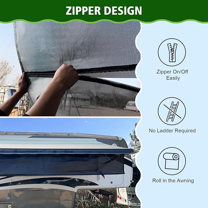 Dulepax RV Awning Sun Shade Screen with Zipper 9'X20'3'' -Second Generation RV Awning Shade Screen Significantly Improves Shadew and Privacy.Universal, RV Awning Screen with Complete Kits