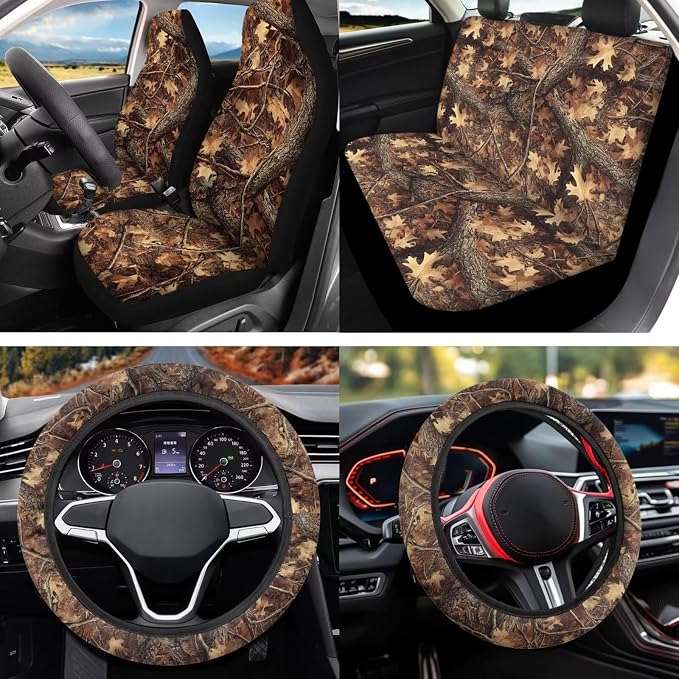Camo Hunting 12 Pcs Car Seat Covers with Steering Wheel Cover,Seat Belt Covers Cup Holder with Keychain Automotive Protector Set Unverisal Fit Cars SUV