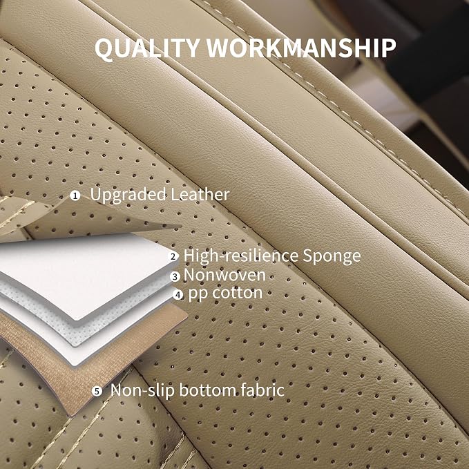 HChengkikz Nappa Leather Car Seat Covers Full Set, Beige Car seat Protector 5 Seats, Waterproof Car Seat Cushion, Universal Automotive Seat Covers Fit for SUV Truck Pick-up Sedan, Front and Rear