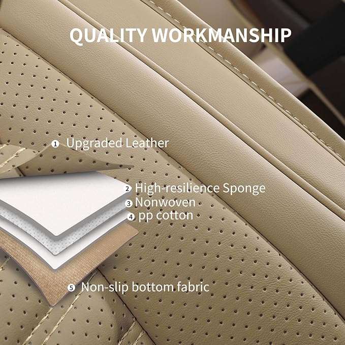 HChengkikz Nappa Leather Car Seat Covers Front Seats, Beige Car seat Protector, Waterproof Car Seat Cushion, Universal Automotive Seat Covers Fit for SUV Truck Pick-up Sedan and Most Cars