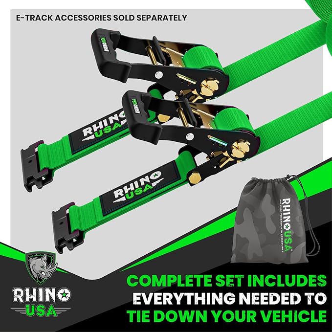 Rhino USA E Track Ratchet Tie Down Straps (4,500lb Break Strength) - Includes (2) Premium 2" x 16' eTrack Tie Downs - Ultimate Heavy Duty eTrack Cargo Strap System for Trailer, Truck, Motorcycle