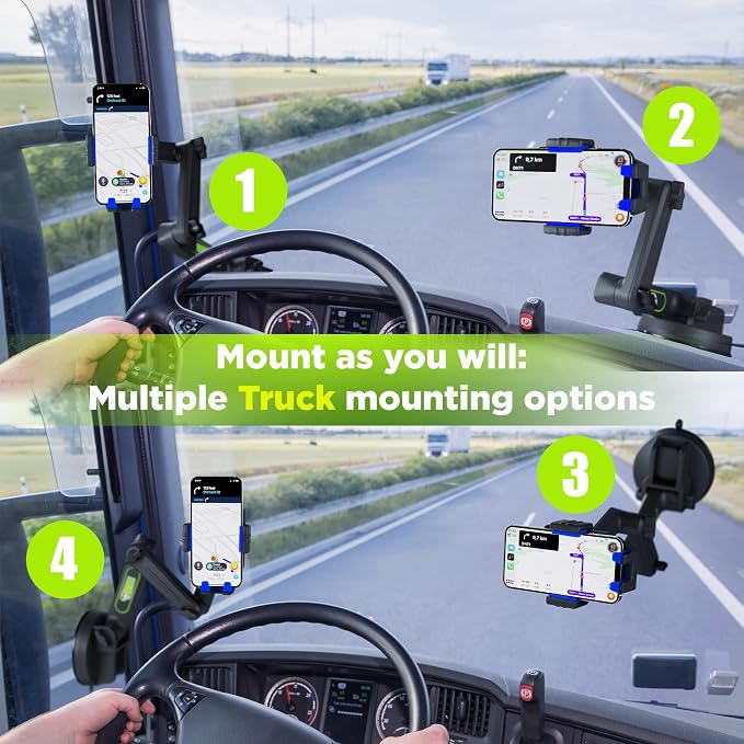 Cell Phone Mount for Truck Phone Holder for Truck Drivers - Heavy Duty Suction Cup, iPhone Holder for Dashboard Window 16.9 inch Long, for iPhone & Samsung, Semi Trucker, Blue