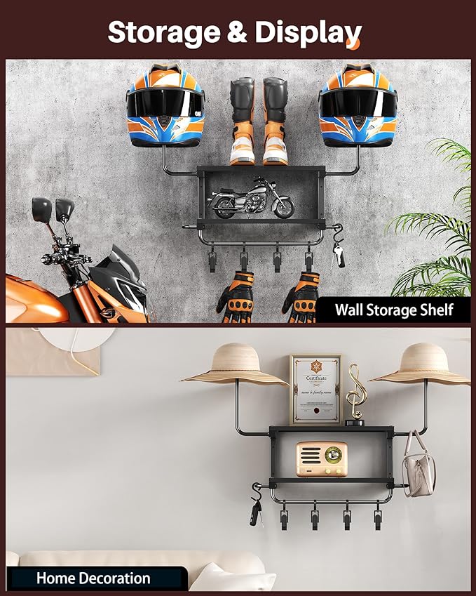Motorcycle Helmet Holder Wall Mount, 2-Tier Helmet Rack with 2 Hat Stands, Motorcycle Accessories Gear Storage Organizer Display for Men Jackets, Caps in Garage, Living Room (Black)