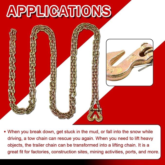 Heavy Duty G80 Transport Binder Chain 1/4'' Inch x 20 Feet,Tow Chain with G70 Clevis Grab Hooks,3300 lbs Safe Working Load Logging for Transporting, Towing(1/4'' x 20FT Yellow).