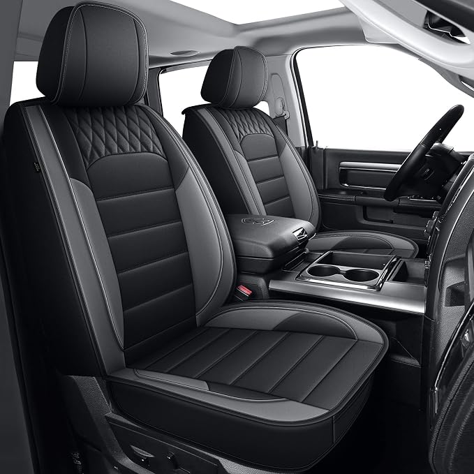 IKABEVEM for Dodge Ram 1500 Seat Covers 2012-2024 2025 2026 | Ram 2500 3500 2012-2026 Seat Covers Seat Cushion Cover with Faux Leather(Flat Bench,Full Set,Black&Grey)