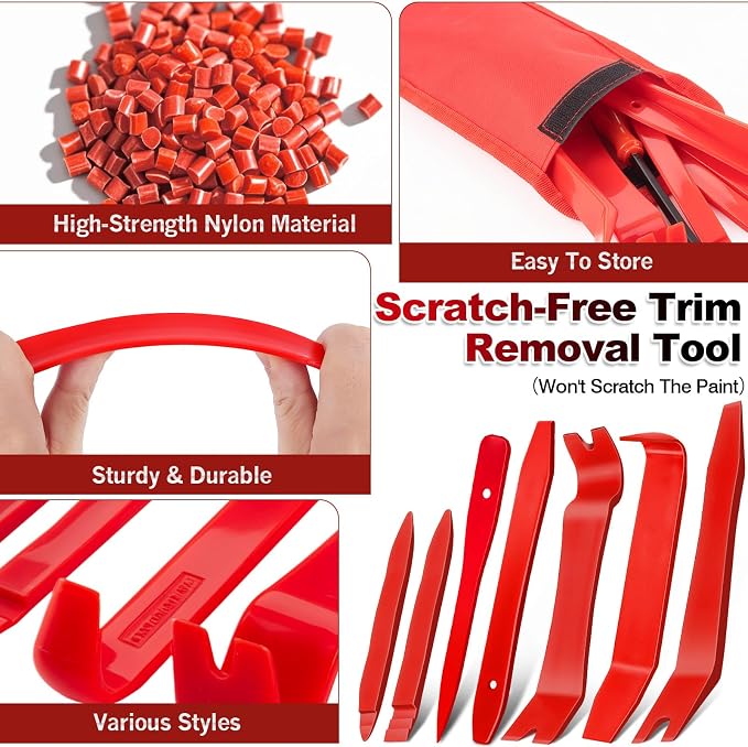 Keze 8 Pcs Auto Trim Removal Tool Kit with Non-Scratch Plastic Pry Tool & Fastener Clip Removal Tool Set for Car Panel Dashboard Door Clips and Upholstery Trim-Red