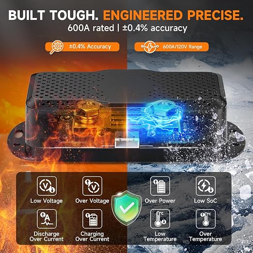 2026 Bluetooth Battery Monitor with 600A Smart Shunt FOXWELL BT630, Track Volt/Amp/Watt/Capacity, 8 Protection Alarms, for LiFePO4/Lithium/RV/Solar/Marine/Off-Grid, Extend Battery Life, Easy Install