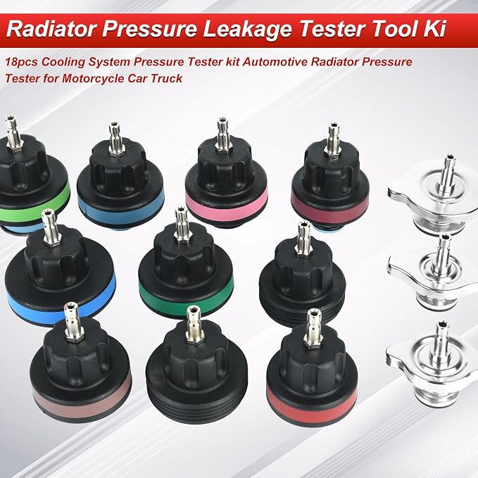 Radiator Pressure Leakage Tester Tool Kit，18pcs Cooling System Pressure Tester kit Automotive Radiator Pressure Tester for Motorcycle Car Truck, Red 1