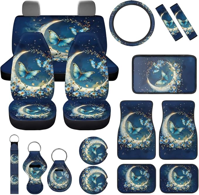 Butterfly Car Accessories Set 17 Pack Stars Moon Butterfly Car Seat Covers Full Set with Car Mats Full Set,Cup Coaster,Center Console Cover,Seat Belt Shoulder Pad,Lip Balm Keychain Holder