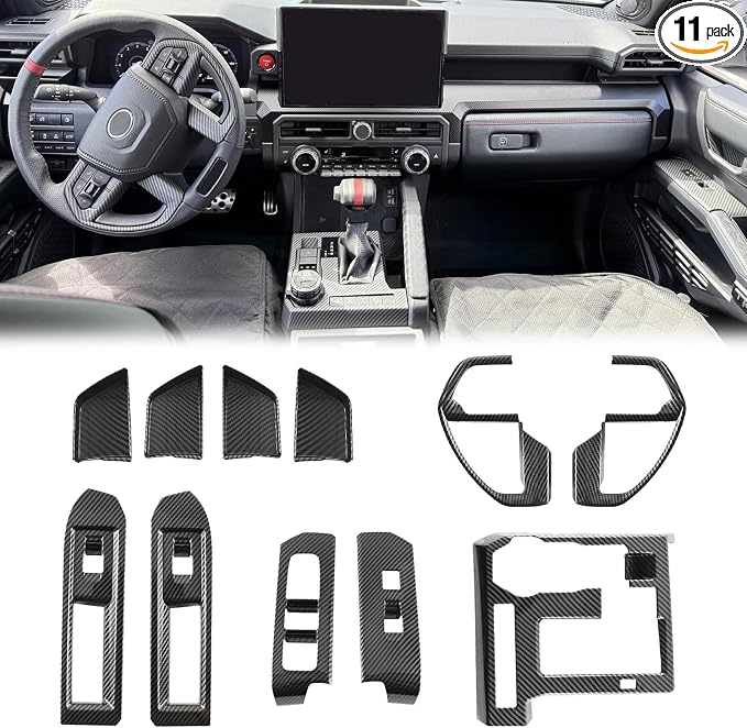 11PCS Carbon Fiber Interior Trim Cover Decorative Kit Compatible with 2024 2025 2026 Toyota Tacoma - Console, Door Handle and Window Lift Switch Panel Moulding Cover Accessories