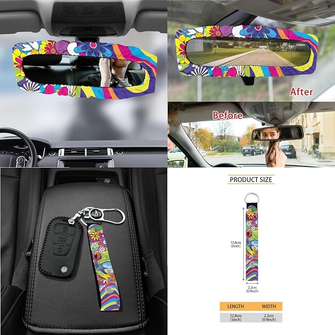 Hippie Frog Floral Print 15 Pack Car Seat Cover Set with Seatbelt Strap Pad Steering Wheel Covers Air Vent Storage Holder Coasters Trash Cans Rear View Mirror Cover Keychain