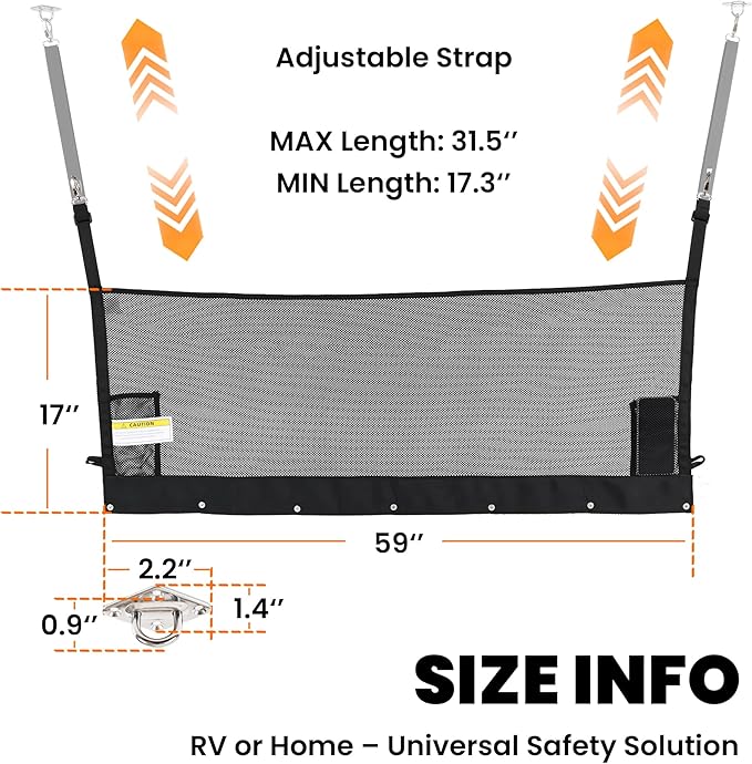 59" x 17" RV Bunk Bed Safety Net,Fall Protection Net for Bunk with Hardwares | Adjustable Bunk Bed Netting for Camper, RV, Motor Home, Trailer, Fifth Wheels|RV Bedding Accessories for Bunks