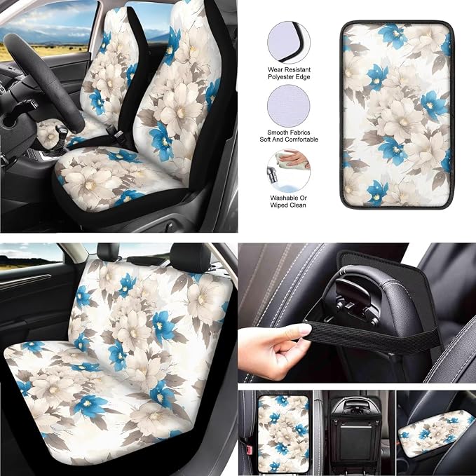 13 Pack Jasmine Flower Car Seat Cover, Jasmine Flowers Blue White Steering Wheel Cover, Vintage Floral Durable Car Seat Protectors Seatbelt Covers Keychain