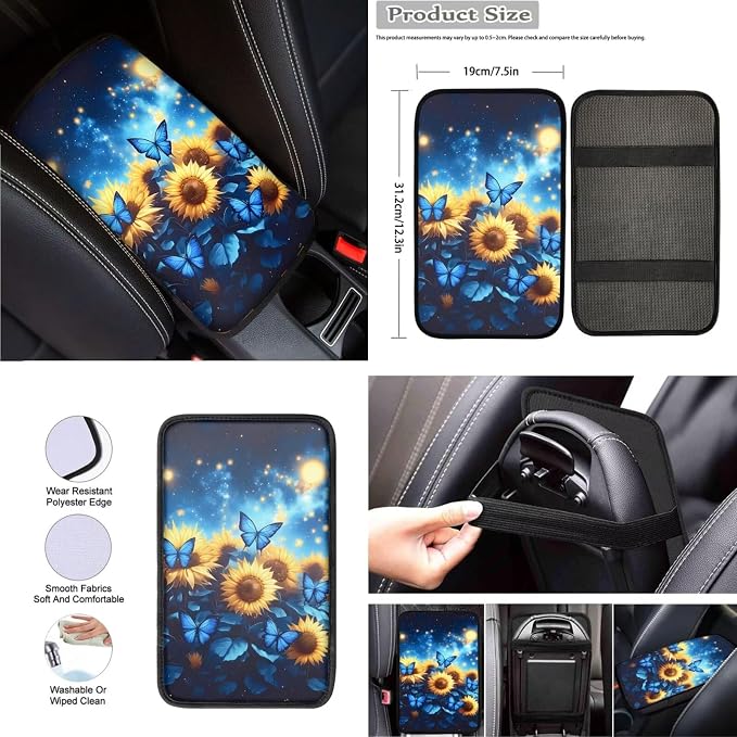 Sunflower Butterfly Print Car Seat Covers Full Set with Auto Steering Wheel Cover Car Armrest Pad Protectors Auto Seat Belt Pads, Automotive Interior Accessories - 8 Pack