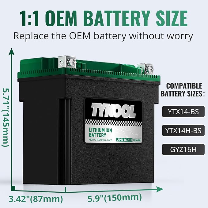 TYKOOL LFP14-BS-STD 12V Lithium Battery, Replaces YTX14-BS, 400CCA 8Ah Fits for Adventure Motorcycle Touring Scooter, Compatible with BMW R1200GS Suzuki V-Strom Triumph Tiger, Digital Readout [+ -]