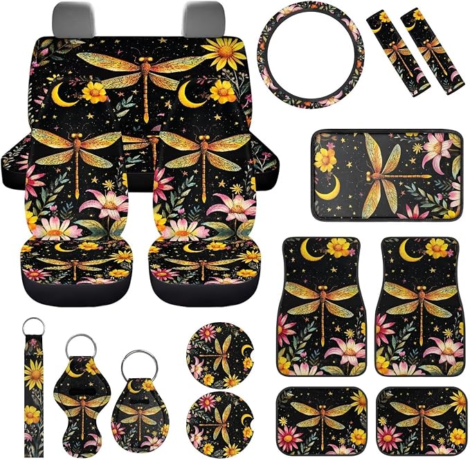17 Pack Dragonfly Car Accessories Full Set,Star Moon Dragonfly Car Seat Covers Set with Car Mats Full Set Seat Belt Cover Pad Steering Wheel Cover Cup Coaster Sets Universal Auto Interior
