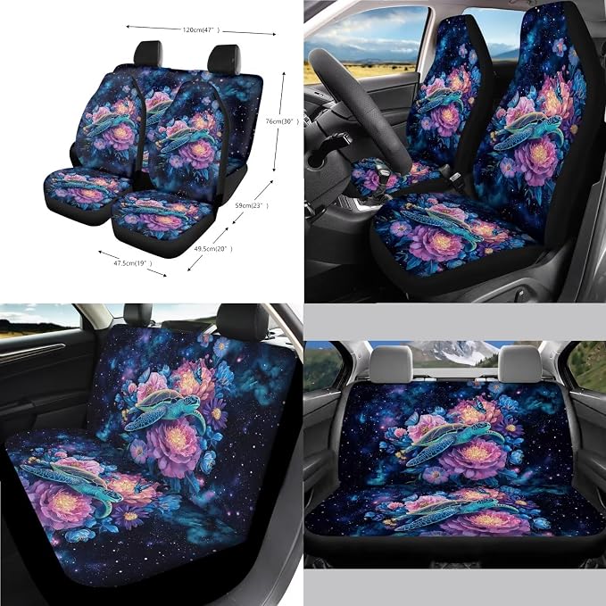Sea Turtle Print Car Interior Cover Full Set of 14 Flower Butterfly Print Front and Rear Split Bench Seat Cover with Decorative Auto Interior Accessories for Truck Sedan SUV