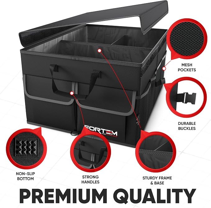 FORTEM Car Trunk Organizer (Black, Standard) + Ratchet Straps