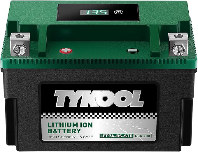 TYKOOL LFP7A-BS-STD 12V Lithium Battery, Replaces YTX7A-BS, 180CCA Fits for ATV Motorcycle Scooter, Compatible with Polaris Sportsman 90 Yamaha Vino 125 Suzuki LT-R450, Smart Digital Readout [+ -]