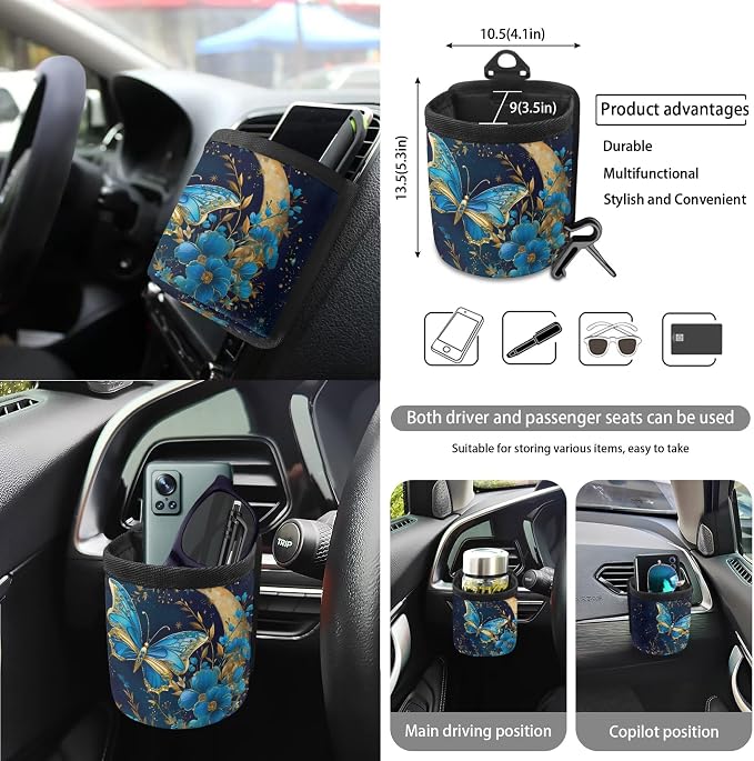 Moon Butterfly Floral Print Car Seat Cover Set Steering Wheel Cover Seatbelt Strap Pad Cup Coasters Air Vent Storage Holder Garbage Cans Rearview Mirror Covers Key Chain, 15 Pack