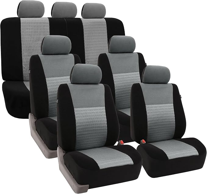 FH Group Car Seat Covers Trendy Elegance Three Row Car Seat Covers Set, Airbag Compatible and Split Ready, 7 Seater Covers-Universal Fit for Cars, Trucks & SUVs Gray/Black