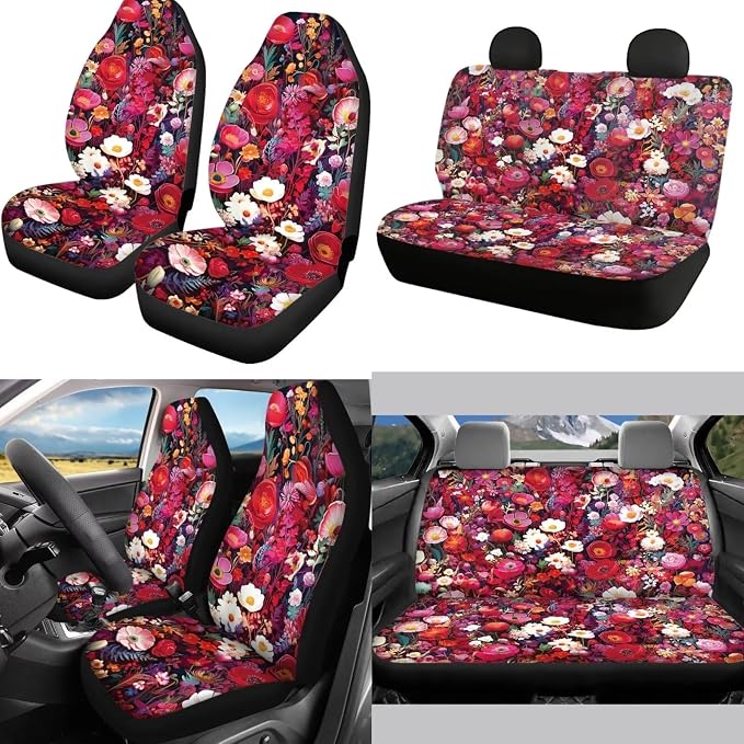 Mumeson Pink Flowers Car Seat Cover Set with Soft Neoprene Steering Wheel Cover + Soft Car Seatbelt Cushion Pad Car Armrest Cushion Cover Pad Car Accessories Decor