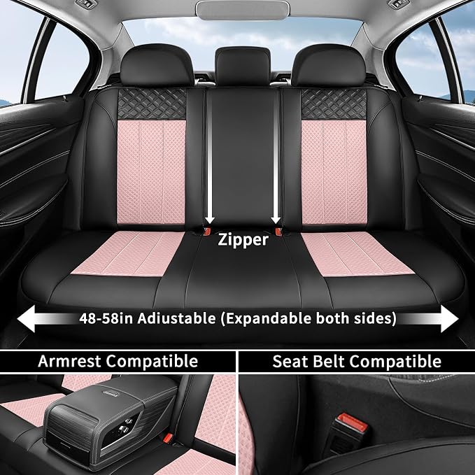 FLORICH Pink Car Seat Covers Full Set Leather Mesh Front and Rear Seat Cover Automotive Seat Cushion 5-Seat Driver Seat Covers Protector Universal Fit for Most Car SUV Sedan Truck, Black&Pink