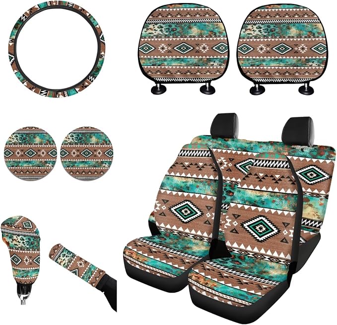 Wanyint Car Seat Cover Full Set 11 PCS, with Steering Wheel Headrest Handbrake Gear Shift Cover Cup Holders Universal Fit Most Vehicles, Aztec Leopard Print Brown Teal