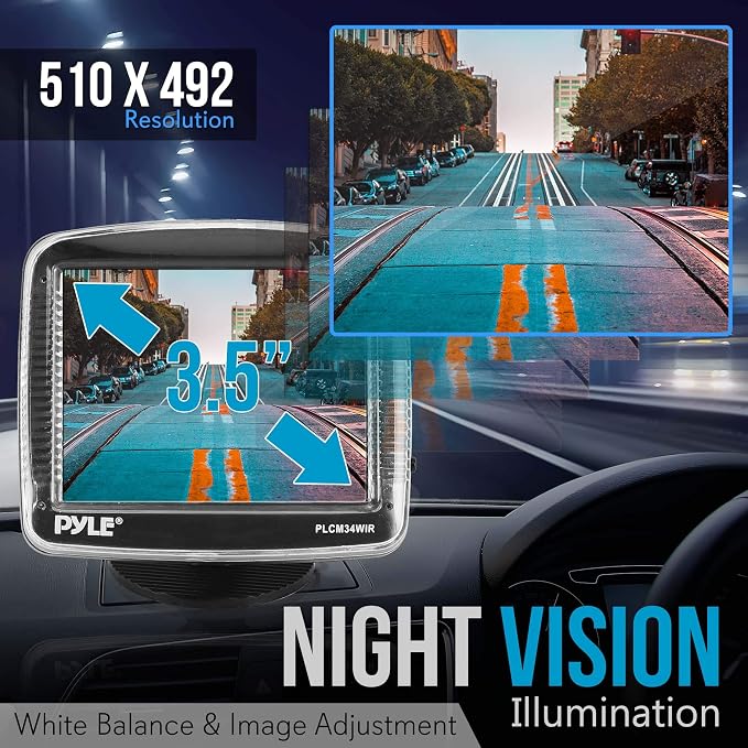 Pyle Wireless Backup Car Camera Rearview Monitor System - Parking & Reverse Safety Distance Scale Lines, Waterproof & Night Vision Cam, 3.5" LCD Screen Video Color Display for Vehicles - (PLCM34WIR)