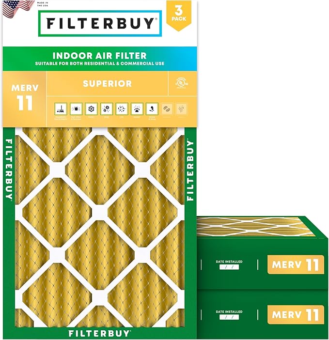 Filterbuy 12x20x4 Air Filter MERV 11 Superior Pet & Allergy Defense (3-Pack), Electrostatic Pleated HVAC AC Furnace Filters Replacement (Actual Size: 11.50 x 19.50 x 3.63)