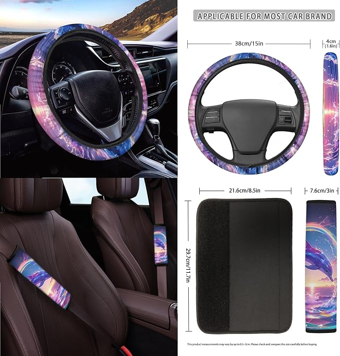 Dolphin Colorful Wave Print Car Seat Cover Full Set of 15 Steering Wheel Cover Seat Belt Strap Pad Trash Bag Air Vent Storage Holder Cup Coasters Rear View Mirror Covers Key Chain