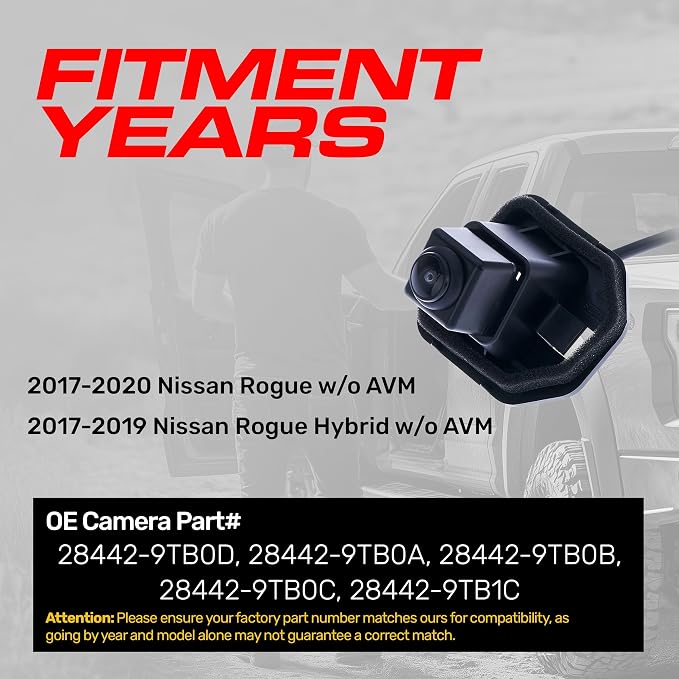 Master Tailgaters Replacement for Nissan Rogue w/o AVM (2017-2020), Rogue Hybrid w/o AVM (2017-2019) Backup Camera OE Part # 28442-9TB0D, 28442-9TB0A, 28442-9TB0B, 28442-9TB0C, 28442-9TB1C