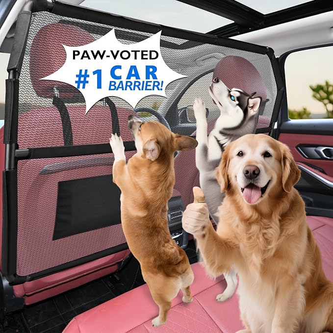 Dog Barrier for Truck, 56" Dog Car Barrier Behind Front Seat, Escape-Proof Back Seat Divider & Trunk Cargo Gate, Durable Heavy Duty Pet Gate Net for Truck, SUV & Large Vehicles