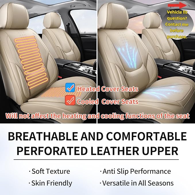Car Seat Covers Full Set, Beige Leather Seat Covers, Breathable Front and Back Car Seat Protectors, Wear-Resistant Seat Covers Universal Fit for Most Cars SUV Truck (Beige-Solid, Full Set)