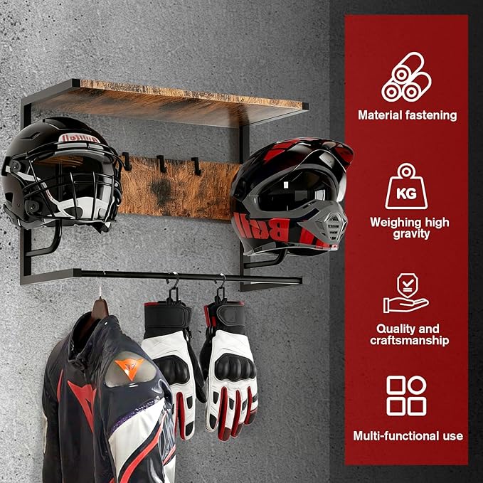 AstraLoom Heavy-Duty Motorcycle Helmet Wall Mount with 4 Glove Clips & 4 Utility Hooks - Universal Storage Rack for Helmets, Jackets & Riding Gear(Rustic Style)