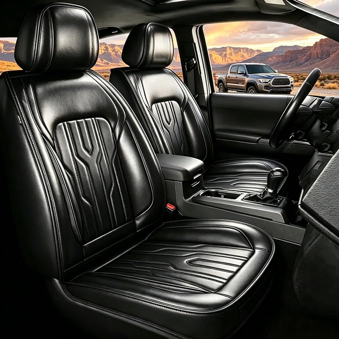 Front Seat Covers Fit for 2024 2025 2026 Toyota Tacoma Double Crew Cab Waterproof Leather Seat Protectors Super Duty (Black)