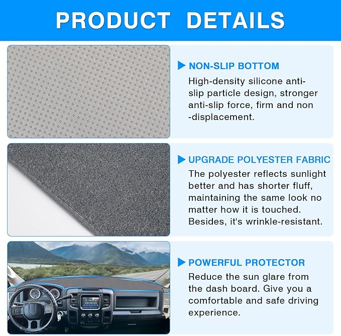 Autorder Gray Dashboard Cover Mat for Dodge Ram 1500 2500 3500 2009-2018 Accessories Dash Cover Upgrade Polyester Dash Mat Sunshade Glare UV Rays Protector