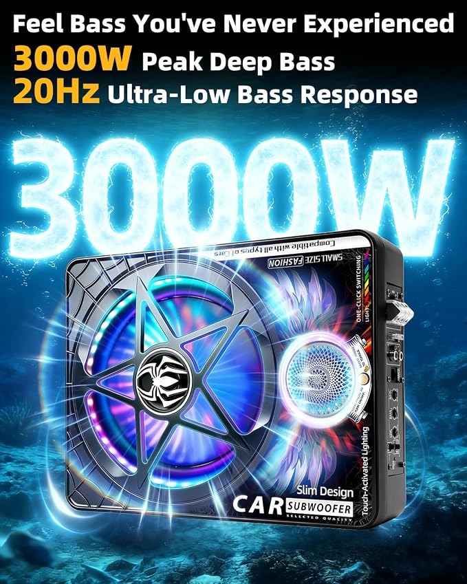 3000W AI 3-Way Under Seat Subwoofer with Amp, Slim Powered Car Subwoofer 20Hz–22kHz Full Range, Built-in Amplifier Plug and Play Sub and Amp Combo for Car Truck SUV