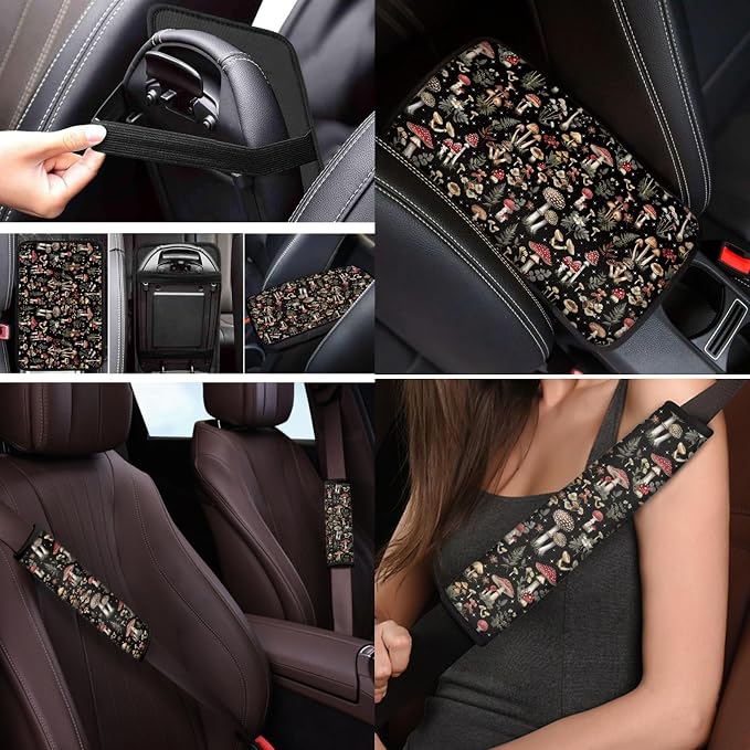 Mumeson Mushroom Car Accessories Car Front and Rear Seat Covers Protector with Steering Wheel Cover + Seat Belt Covers Shoulder Pads + Car Armrest Cushion Pad 8 Pack Set Car Accessories