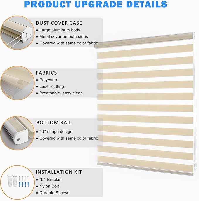 Zebra Blinds Window Blind Zebra Shade Blinds for Windows Roller Sheer Shades Privacy Light Filtering Shades for Home Kitchen Bathroom (Width 44'' X Height 72'' Cream)