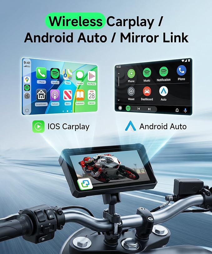 6 Inch Motorcycle Wirelsss Carplay Screen, Portable Touchscreen Motorcycle GPS Navigation System Car Play Moto Android Auto, Dual Bluetooth, IP68 Waterproof Moto Screen, Si-ri, Goo-gle Assistant