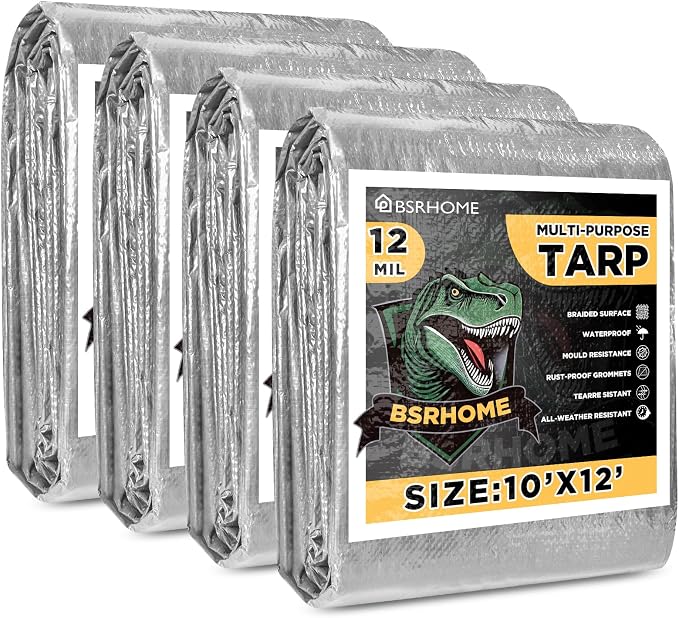 Tarps Waterproof 10x12 Feet, 4 Pack Heavy Duty Silver Tarp Cover 12 Mil Thick, Resistant Plastic Tarpaulin with Metal Grommets, Outdoor Tarp Cover for Car,Trailer